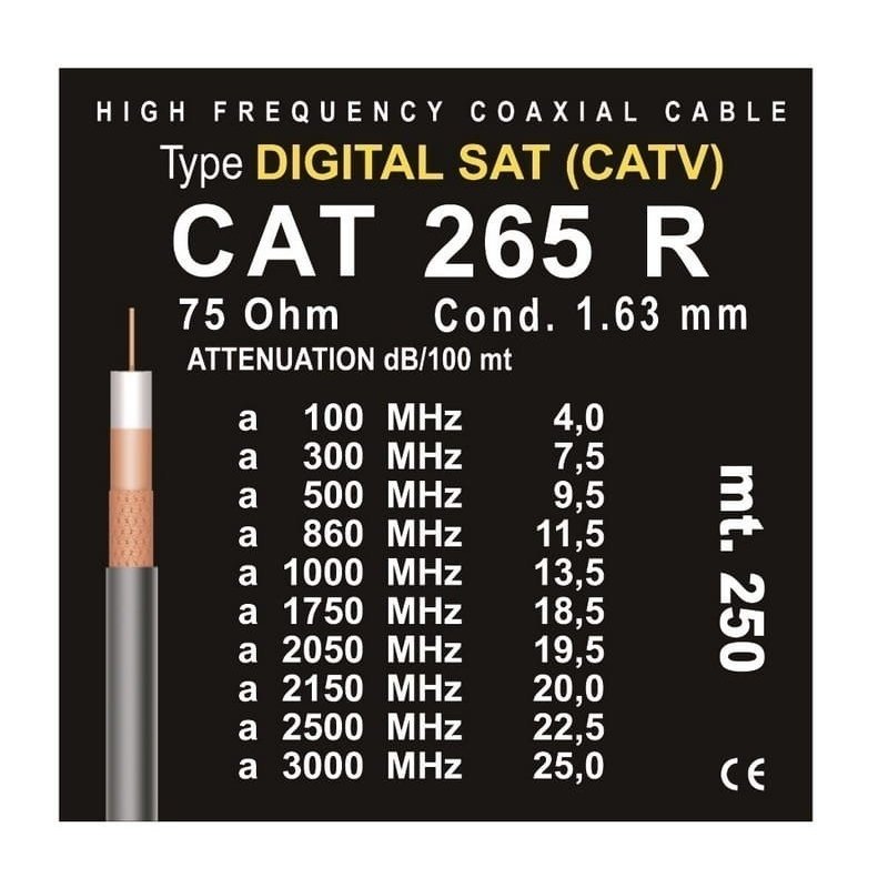 Cable Coaxial Bieffe CAT 265R 1,63mm Cu / Cu PE+UV 10mm Negro bobina 250 m | Satelite Rover BI010266