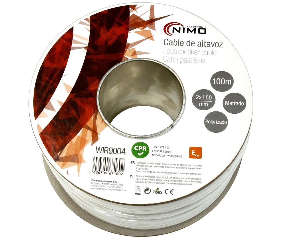 WIR9004 - Cable para altavoz 2x1.5mm, Blanco polarizado 100m
