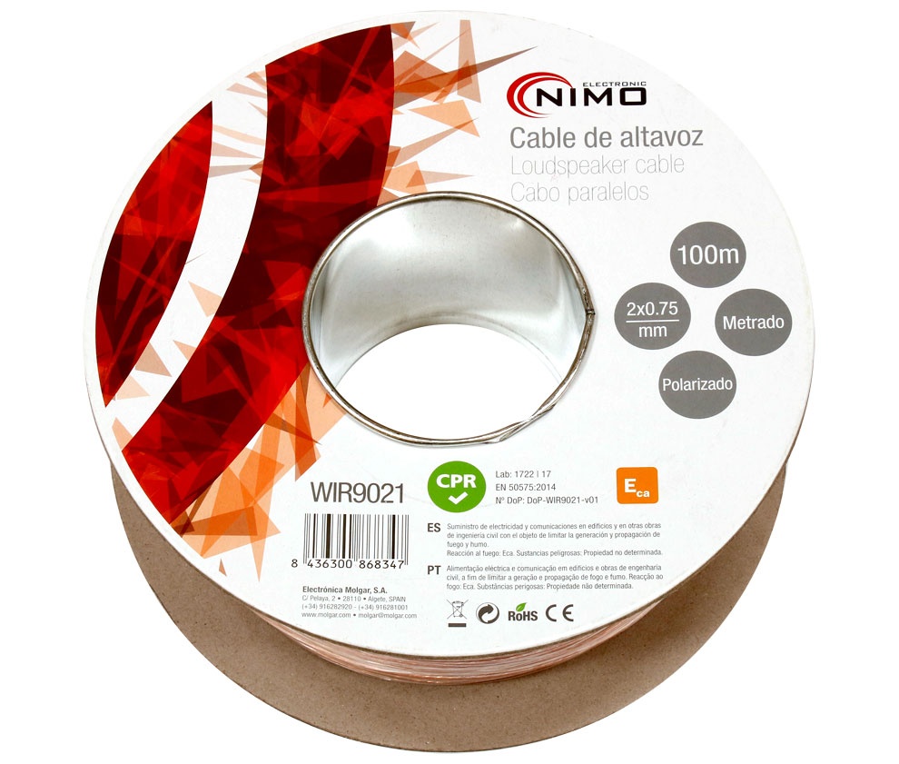 WIR9021 - Cable para altavoz 2x0.75mm, Transparente polarizado 100m